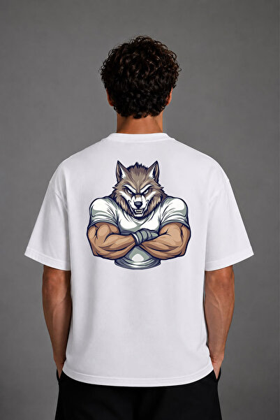 VSRN Tricou alb oversize cu imprimeu pe spate cu design Muscular Wolf