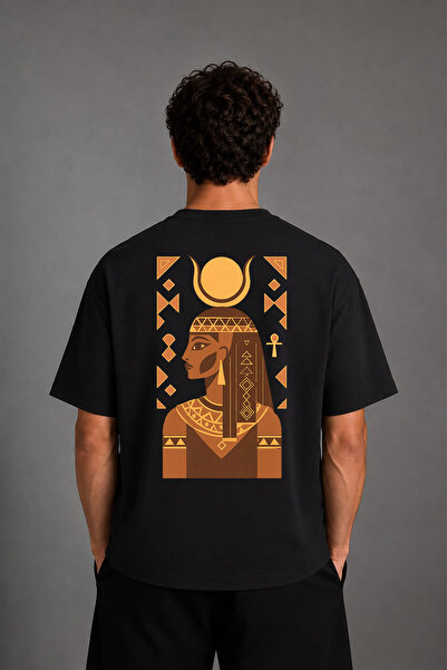 VSRN Tricou negru supradimensionat cu imprimeu pe spate, design Queen of Egypt
