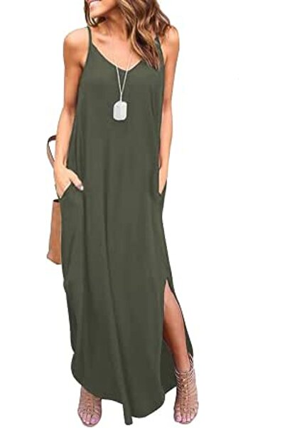 GENERAL HUSKARY Women's Summer Casual Sleeveless V Neck Strappy Split Loose D...