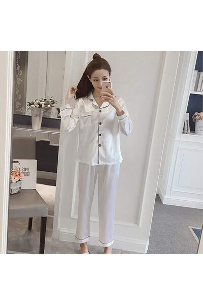 GENERAL Women Pajama Sets Silk Satin Pijama Turn-Down Collar Sleepwear Lady L...