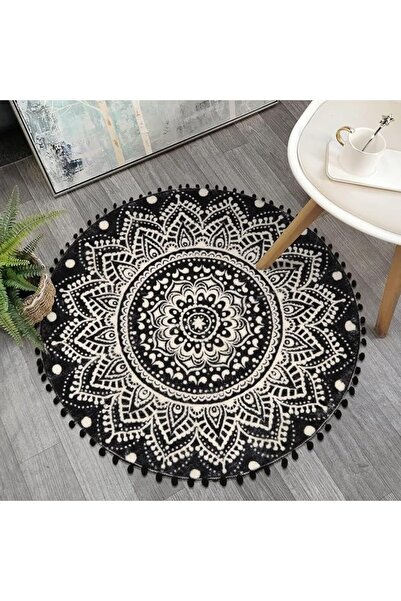 UpHome Small Round Rug 2.3’ Grey Mandala Boho Bathroom Rugs with Pom Poms Fri...
