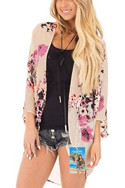 YULOONG Womens Cover Ups Chiffon Floral Print Kimono Loose Shawl Cardigan Boh...