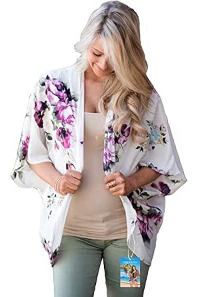 GENERAL Womens Cover Ups Chiffon Floral Print Kimono Loose Shawl Cardigan Boh...