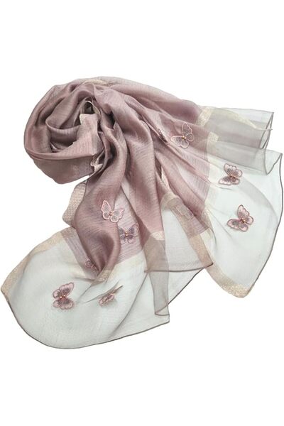 GENERAL Women Mulberry Silk Scarf Lightweight Scarves Embroidered Butterfly S...