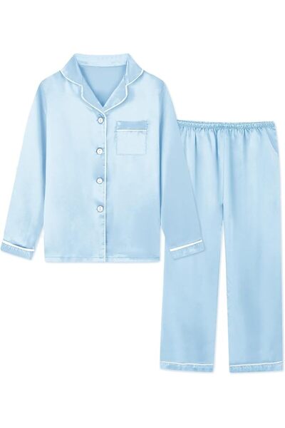 GENERAL Schbbbta Girls Boys Satin Pajamas Set, 2Piece Silk Nightwear Button-D...