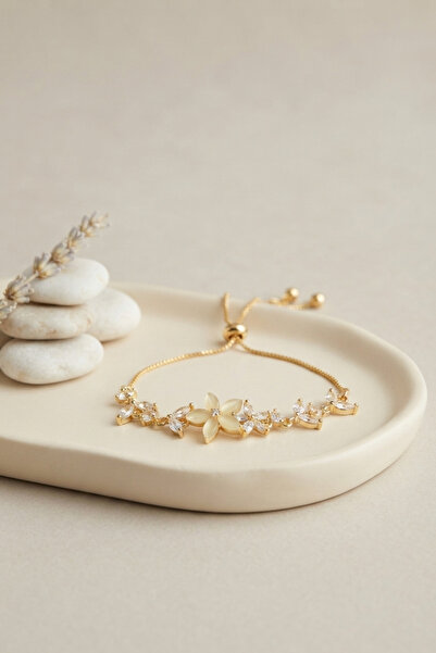 callerrons accessories Gold Color Zircon Stone Brass Pearlescent Flower Model...