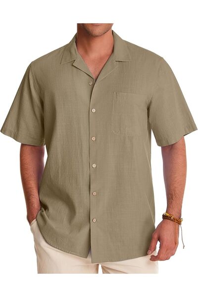 GENERAL Men's Hawaiian Linen Shirt Short Sleeve Button down Cuban Collar Cott...