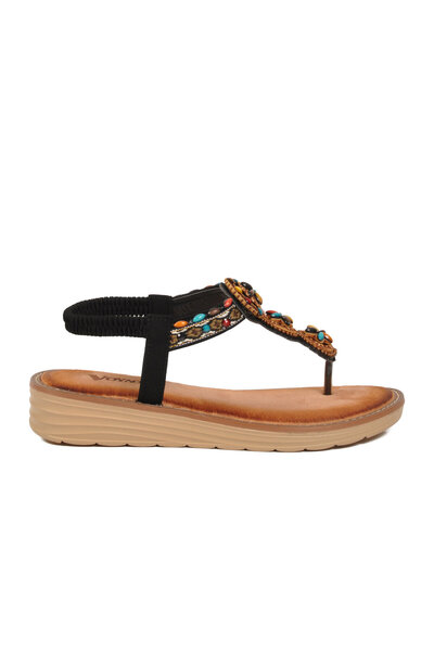 Voyager Women's Black Colored Beaded Detailed Flip-Flop Casual Sandals 9635 Z