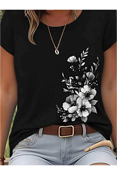 23ERVA Floral Print, Women's Black White Flowers Design, Pure Cotton T-Shirt,...