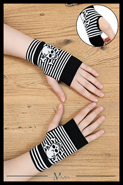 MAZEN Çizgili Kuru Kafa Desenli Parmaksız Eldiven Unisex Triko Punk Rock Kors...