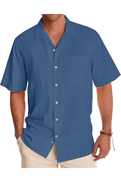 GENERAL Men's Hawaiian Linen Shirt Short Sleeve Button down Cuban Collar Cott...