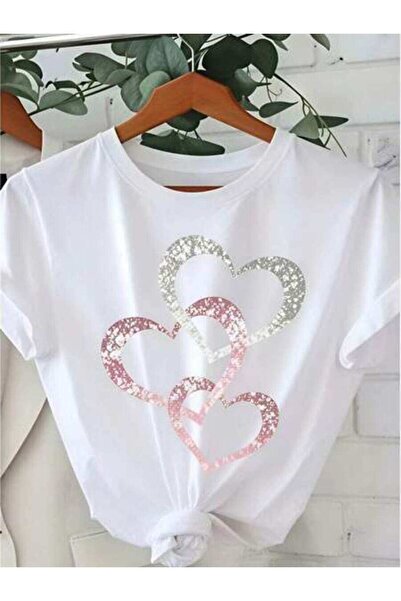 23ERVA Casual Style, Women's T-Shirt, Glitter Hearts Design, Spring Summer We...