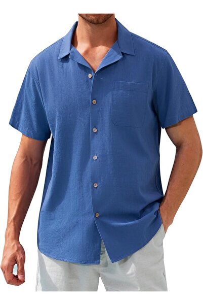 GENERAL Men's Hawaiian Linen Shirt Short Sleeve Button down Cuban Collar Cott...