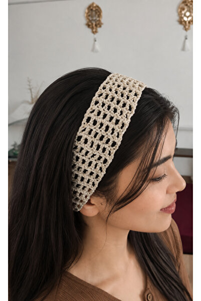 BeyzHal Beige Gold Glittery Knitted Headband Adjustable Bohemian Bandana Wome...