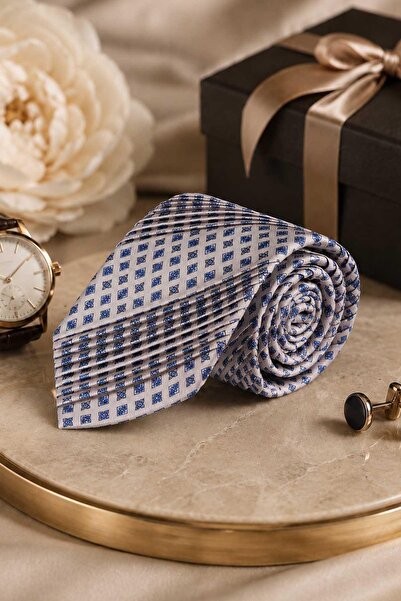 Kravatkolik Beige Blue Small Pattern Italian Silk Pleated Tie Est233