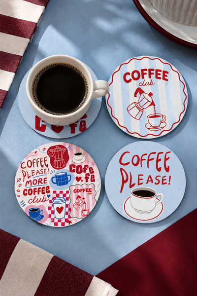 BYC TÜRKİYE Coffee Please 4’lü Bardak Altlığı Seti - 9 cm, 3 mm MDF, UV Baskı