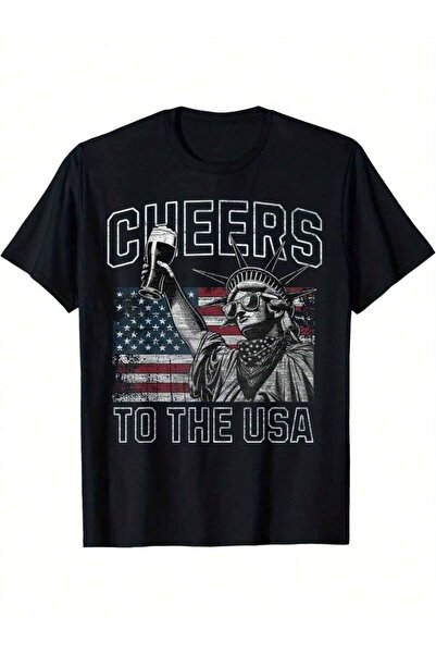 25W Cheers To The USA Statue Of Liberty T-Shirt - Patriotic Black Tee With Am...