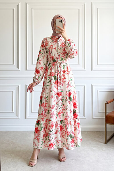 MODAQU Patterned Polycotton Half-Buttoned Long Dress - Pomegranate Flower