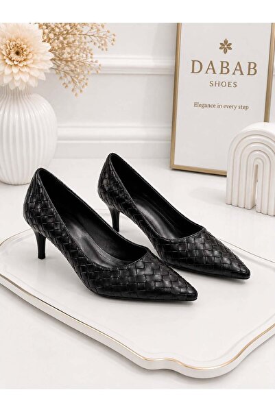 dabab shoes Lilya Women's Black Pointed Toe Knitted Patterned 6 cm Thin Heele...