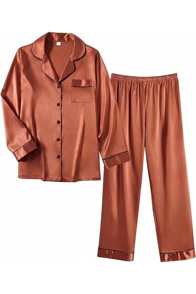 Ekouaer Women Satin Pajamas Set Button Down Classic Long Silk Pjs