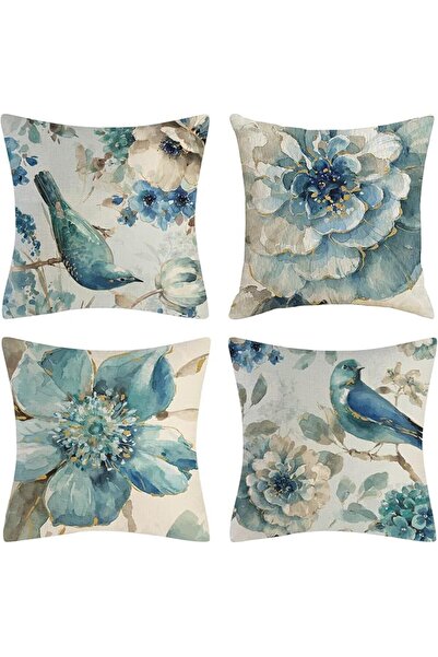 Tazweeq 4 Pcs Watercolor Flowers and Birds Decorative Pillow Covers, 18x18 In...