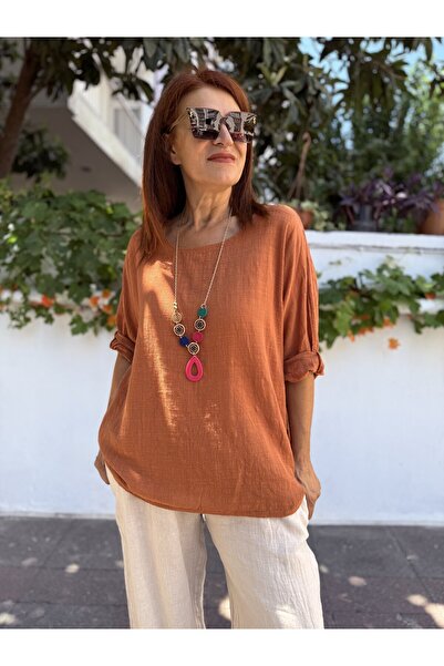 DenizEge Italian Cotton - Linen Textured Blouse with Pendant Cinnamon