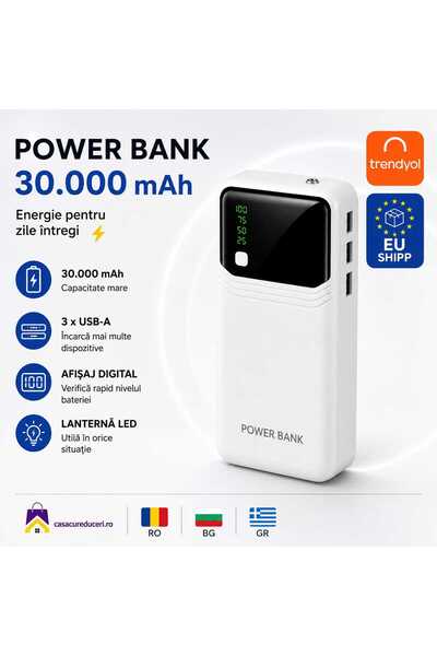 ASMXX Power Bank 30.000 mAh, 3 x USB-A, Afișaj Digital LED, Lanternă LED, 5V/...