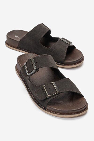 CCWAY AYAKKABI Double Buckle Stitched Men's Slippers Brown