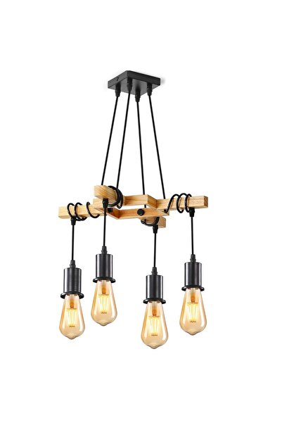 MACVI Lustră suspendată vintage din lemn și metal negru — Stil retro pentru c...
