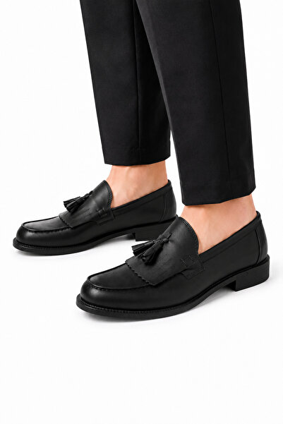 By Sabit Unisex Black Tasseled Corcik Loafer Shoes Laceless Classic Daily Sty...