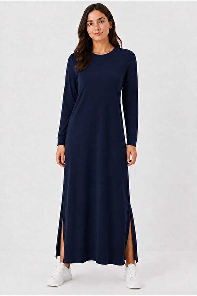 Tenra Women's Long Sleeve Crew Neck Side Slit Long Dress
