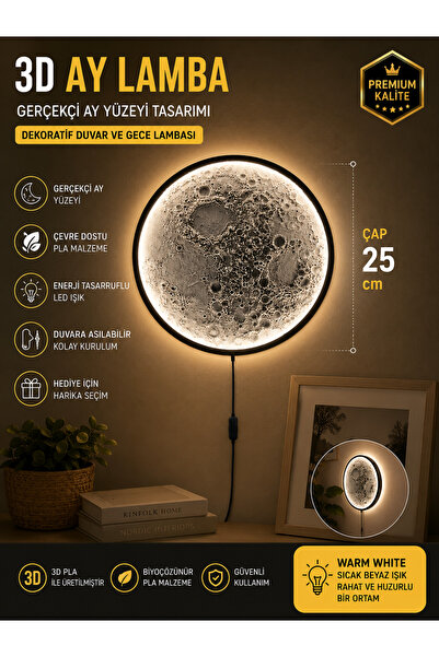 3D Ay Gece Lambası Gerçekçi Ay Yüzeyli LED Duvar Lambası | 25 cm Dekoratif PLA Aydınlatma