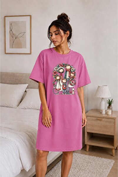 classy moda Happy Family Linear Patterned Oversize Extra Long Tunic T-Shirt