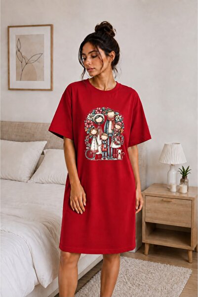 classy moda Happy Family Linear Patterned Oversize Extra Long Tunic T-Shirt