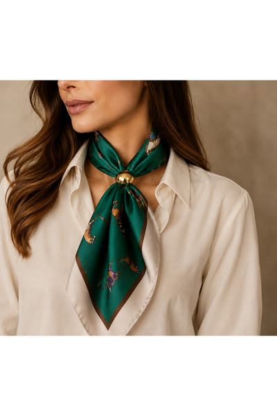 volenta deluxe aksesuar Volenta Deluxe Horse Patterned Satin Scarf & Gold Bro...
