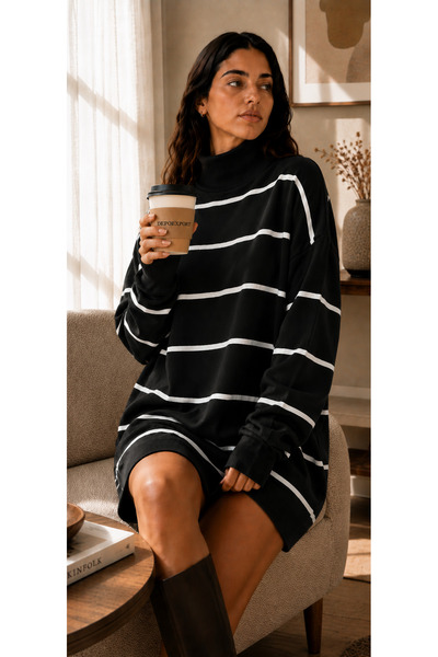 DepoExport Women's Half-Throat Striped Knitwear Sweater Oversize Loose Design