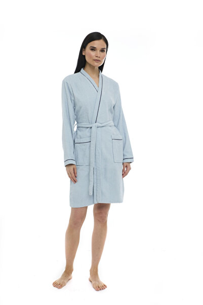 Seritaine Athena Kimono Women's Mini Bathrobe Light Blue - Ribbed 100% Cotton
