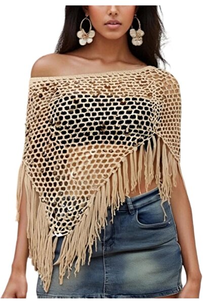 GENERAL Women Sheer Poncho Top Lightweight Knit Crochet Shrug Bolero Mesh Bat...