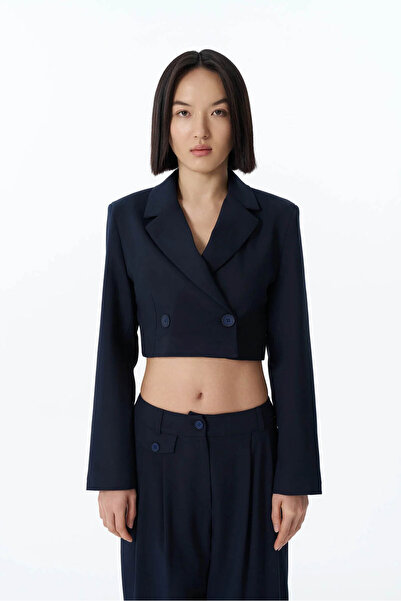 Quzu Vatka Detaylı Crop Lacivert Kadın Blazer Ceket 51287