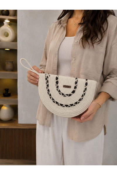 Ckdesign Geantă de damă din iută, lucrată manual |   Clutch tricotat cu model semilună |   Geantă de mână boemă, elegantă, pentru zi cu zi