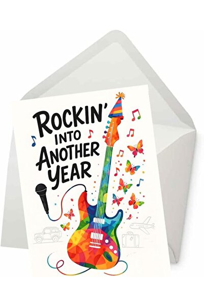 Pictureka بطاقة عيد ميلاد بتصميم جيتار 'Rockin Into Another Year'، بطاقة عيد ...