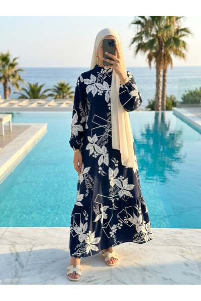 Kirazca Butik Women's Viscose Patterned Comfortable Fit Hijab Dress