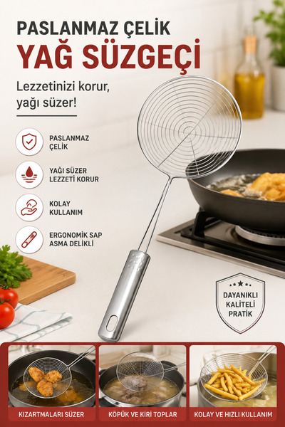 KEA Paslanmaz Çelik Yağ Süzgeci 32 cm – Kızartma Süzgeci, Tel Örgü Kepçe, Pat...
