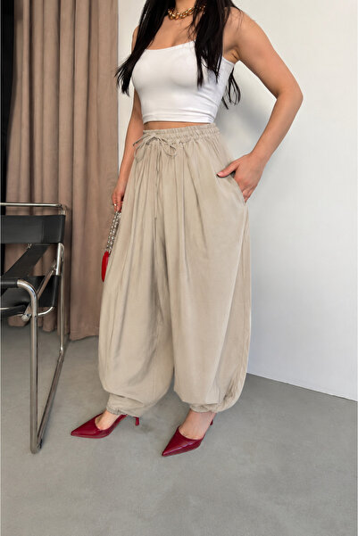 SheLoria Women's Beige Pocket Modal Parachute Pants
