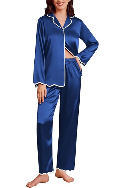 SILK SATIN طقم بيجامة من قطعتين للنساء بأكمام طويلة وأزرار أمامية مع حواف مكش...