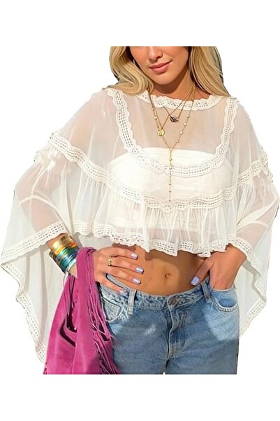 GENERAL Women Chiffon Poncho Top Mesh Sheer Shawl Wraps Capes Batwing Sleeve ...