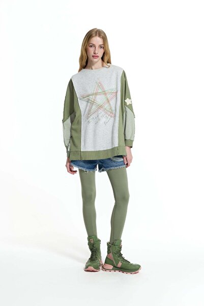 #vdr viadellerose Gri Melanj Haki Kontrast Kumaşlı Nakış Detaylı Oversize Swe...