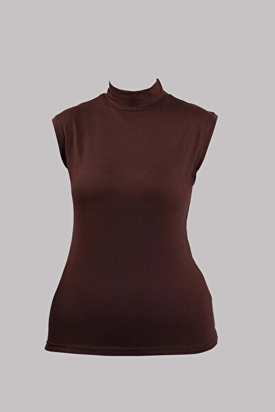 HÜRREM BONE Brown Body Turtleneck Viscose Zero Sleeve 1027_14