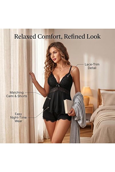 GENERAL Women’s Lace Pyjama Set, V-Neck Camisole Top and Elastic Waist Shorts, Soft Modal Blend Nightwear fo