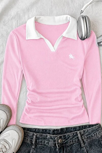 Toum Soul Polo Collar Embroidered Gathered Long Sleeve Blouse